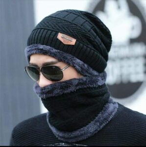 Black Woolen Beanie Cap Plus Neck Scarf Set for Men Women Girl Boy – Warm, Snow Proof